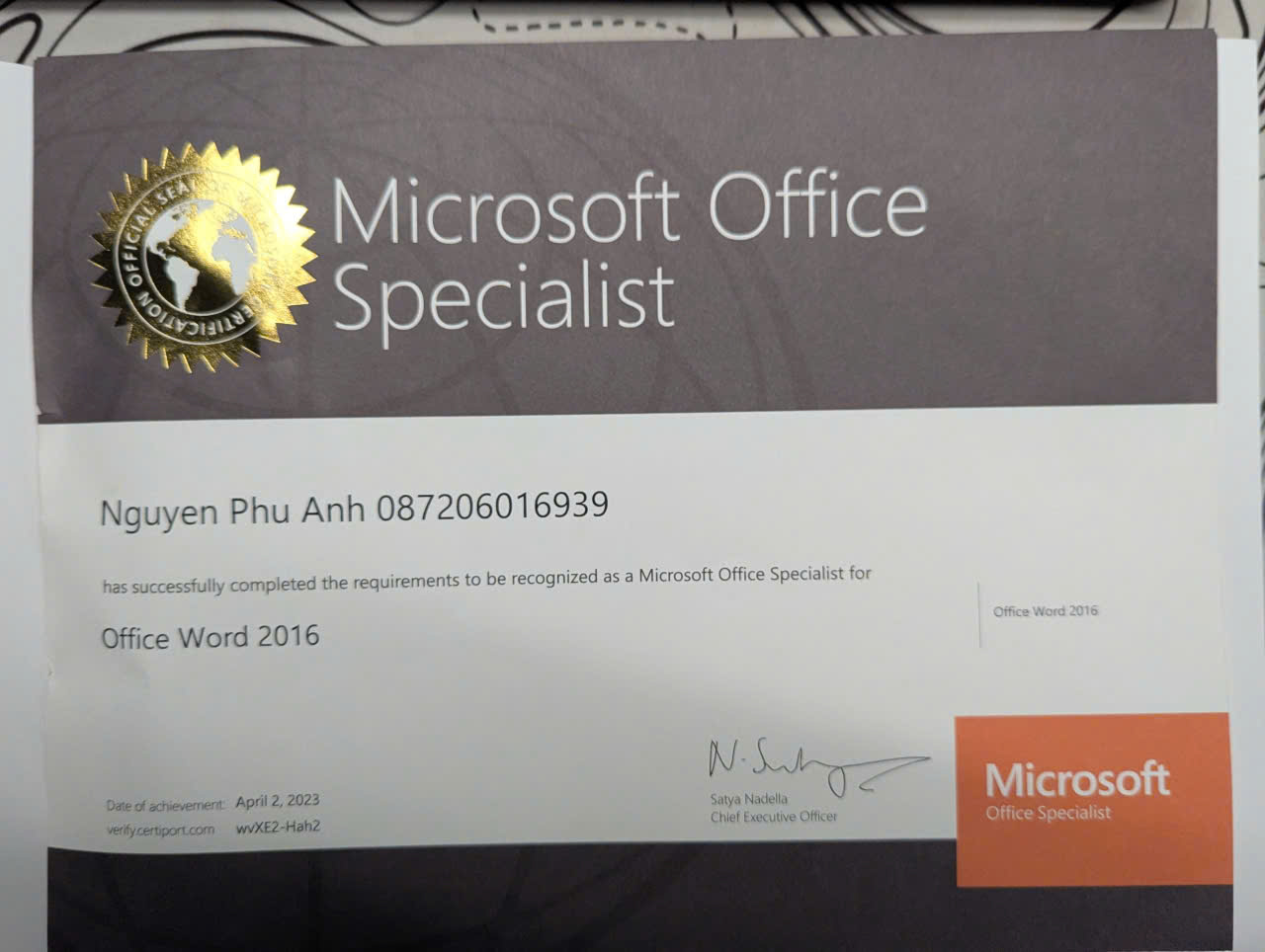 Microsoft Office Specialist Certificate